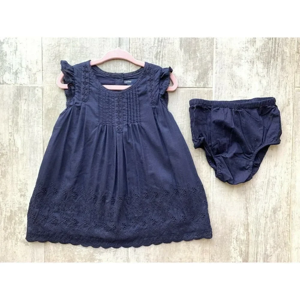 BABY GAP Girls Navy Blue Sleeveless Dress & Bloomers Outfit Set Eyelet 12-18M